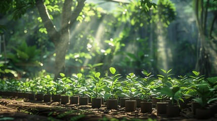 Rows of young green plants in nursery pots bask under the protective shade of a tree canopy, illustrating the early stages of sustainable agriculture and horticulture. - obrazy, fototapety, plakaty