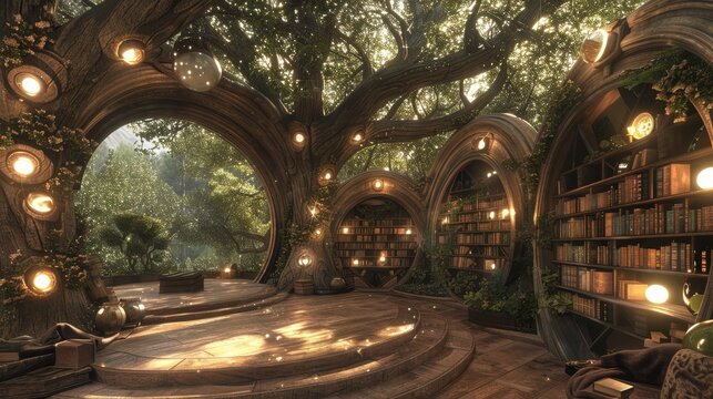 A serene library carved into the trunks of ancient trees, illuminated by gentle lights, creates a magical ambiance for reading and relaxation