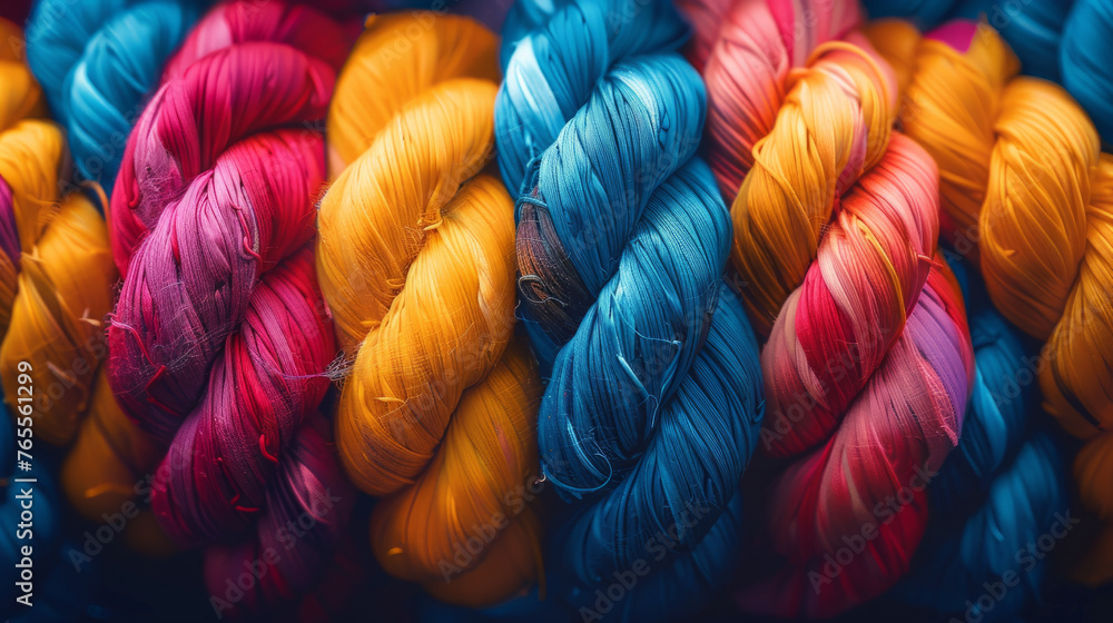 Poster close-up view of colorful threads displayed in an intricate pattern with a strong focus on texture a