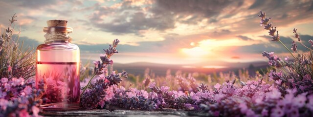 Glass bottle of lavender essential oil with fresh flowers. Flowering field on the background, sunset. Aromatherapy spa massage vertical concept. Lavendula oleum