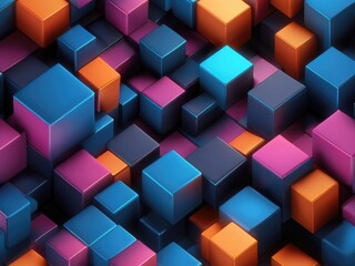 Fototapeta na wymiar Dark squares and neon light glow abstract background. Realistic wall of cubes. black square pattern background grunge surface