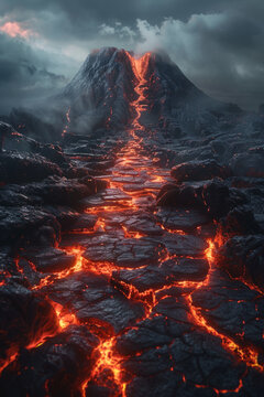 A dramatic volcanic landscape at twilight, featuring a molten lava flow cutting through a rugged terrain of cooling black lava with a towering volcano in the background
