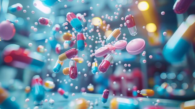 An array of colorful capsules suspended in mid-air, representing the concept of pharmaceutical innovation and the dynamic field of medical research.