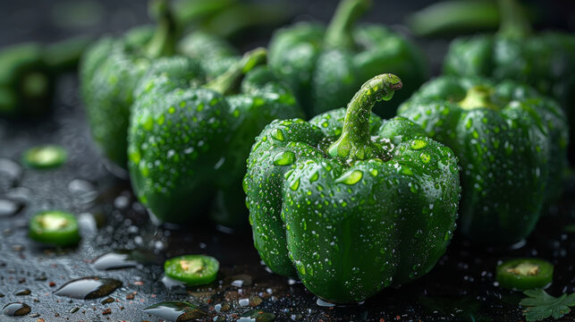 Fresh green bell peppers, paprikas. Isolated on dark surface, studio lighting. Nourishment. Health food.