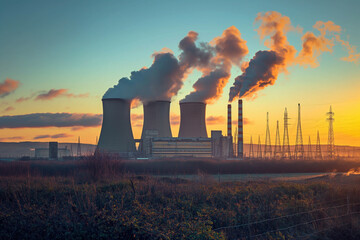 Cooling towers and chimneys of a thermal power plant release smoke into the sky during a beautiful sunset, illustrating energy production impact.