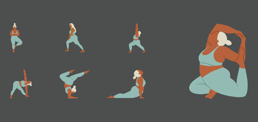 Girl Doing Exercise in different postures set of 7 Elements, Vector Illustration - obrazy, fototapety, plakaty