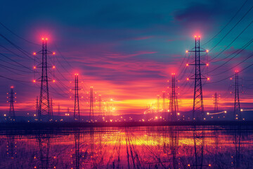 Silhouetted electricity pylons stand out against a dramatic red and purple sunset sky, illustrating energy distribution. - obrazy, fototapety, plakaty