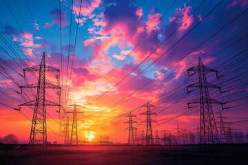 Silhouetted electricity pylons stand out against a dramatic red and purple sunset sky, illustrating energy distribution. - obrazy, fototapety, plakaty
