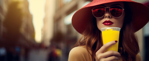 A confident young caucasian woman with red hat and red aviator sunglasses holding a drink in her hand, wide format cover 3