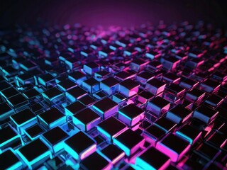 Obraz premium abstract black metallic faceted background, pink glowing neon light, square tiles, modern geometric texture, cyber network concept 