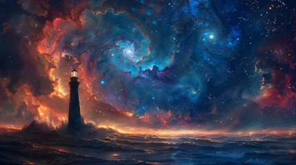 A digital art composition featuring a lighthouse amidst a dramatic cosmic seascape with swirling nebulae, vivid stars and the interplay of light and darkness. - obrazy, fototapety, plakaty