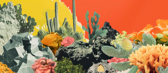Collage of a surreal desert landscape with vibrant orange rocks, towering cacti, flowers and succulents.