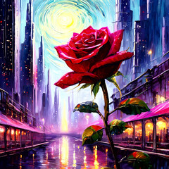 an intense rose blooming in a modem city - obrazy, fototapety, plakaty