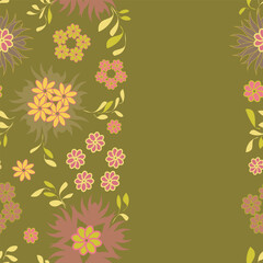 Vector, seamless, vertical cute pattern of stylized small flowers and leaves on a mossy green background. Boho style, floral, warm colors vector illustration for textiles, wrap paper, custom projects