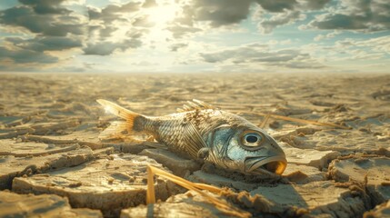 Golden hour over cracked earth showcasing a single deceased fish, symbolizing environmental change