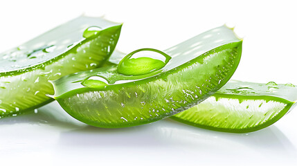 Fresh aloe vera slices and gel, green succulent plant with water droplets, natural skincare and health remedy ingredient, isolated on white background.