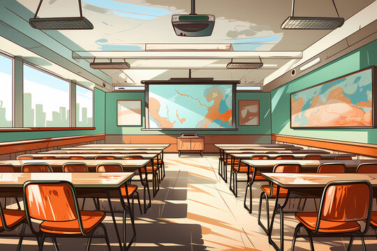 Cartoon image of interior of a classroom with benches, white board and graphic diagrams 