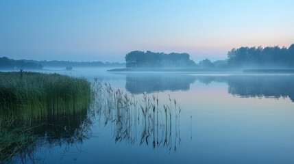 Tranquil landscape at dawn with a misty lake reflecting the silhouette of trees on the horizon and reeds in the foreground.