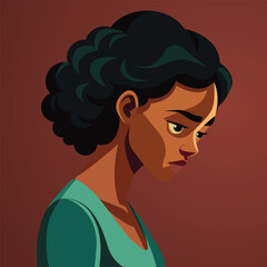 A sad dark-skinned woman, with a bowed head, pictured from the side.