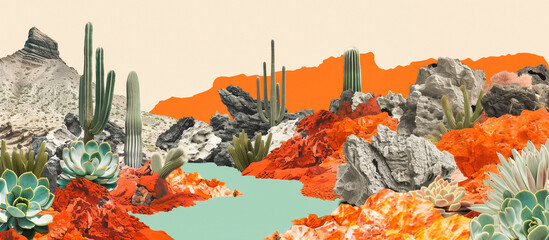 Collage of a surreal desert landscape with vibrant orange rocks, contrasting teal water, towering cacti, and succulents. - obrazy, fototapety, plakaty
