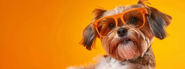 Fotobehang Closeup portrait of terrier dog in fashion sunglasses. Funny pet on bright yellow background. Puppy in eyeglass. Fashion, style, cool animal concept with copy space © JovialFox