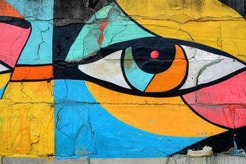 Colorful Eye Mural on Street Wall, Vivid Urban Street Art with Artistic Vision Concept