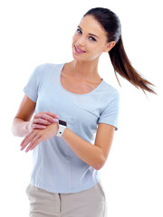 Woman, smart watch and portrait in studio for time, gadget and technology for date, alarm and...
