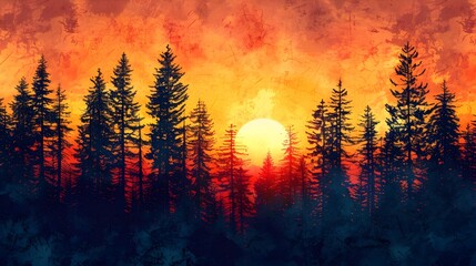 Vibrant Sunset Silhouetting a Lush Forest Landscape in Warm Autumnal Tones