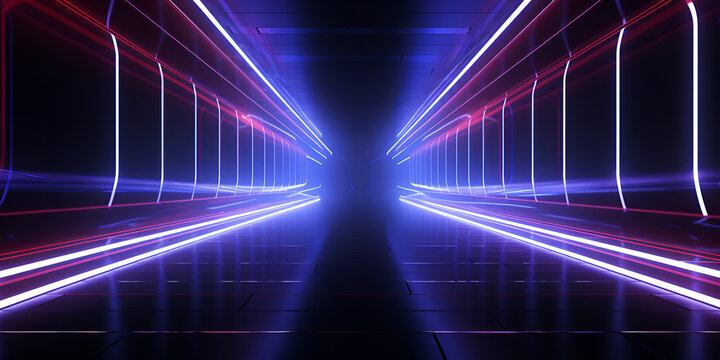 A blue and purple background with a neon light, Portal of beautiful neon lights with glowing purple and blue lines in a tunnel, Neon Tunnel In The Shape Of A Cross, Generative AI