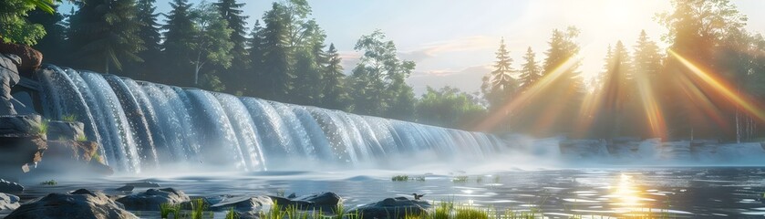Cascading Waterfall,Lush Evergreen Forest,and Serene Pond at Sunset