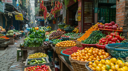 Fototapeta na wymiar A bustling summer street market with colorful stalls overflowing with fresh fruits. Generative ai