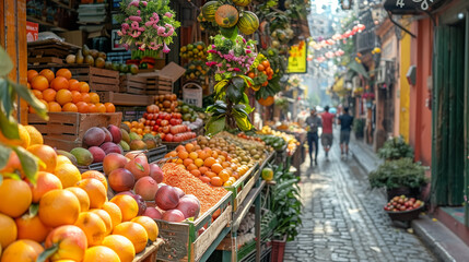 Fototapeta na wymiar A bustling summer street market with colorful stalls overflowing with fresh fruits. Generative ai