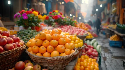 Foto op Aluminium A bustling summer street market with colorful stalls overflowing with fresh fruits. Generative ai © Narong