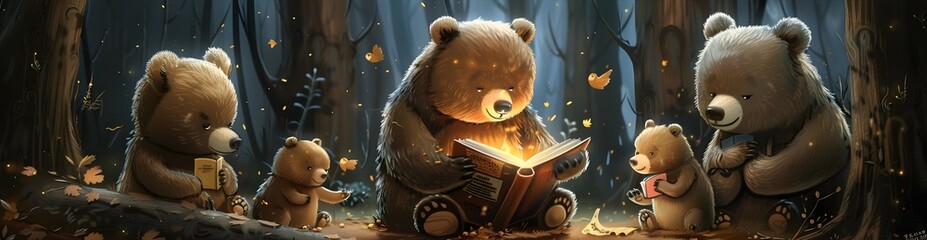 Bears Sharing Stories in an Enchanted Autumnal Forest - obrazy, fototapety, plakaty