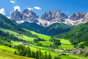 A picturesque view of the Dolomites in Italy, showcasing green meadows and small villages nestled among majestic peaks