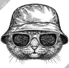 Vintage engraving isolated cat glasses dressed fashion set illustration kitty ink sketch. Pet background kitten silhouette whisker sunglasses hipster hat art. Black and white hand drawn vector image - 765563016
