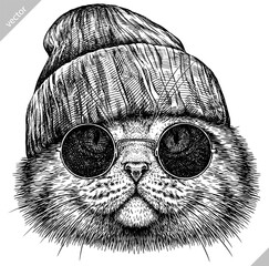 Vintage engraving isolated cat glasses dressed fashion set illustration kitty ink sketch. Pet background kitten silhouette whisker sunglasses hipster hat art. Black and white hand drawn vector image - 765563036