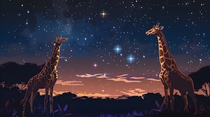 Captivating Giraffes Stargazing in the Enchanting Savannah Nightscape