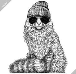 Vintage engraving isolated cat glasses dressed fashion set illustration kitty ink sketch. Pet background kitten silhouette whisker sunglasses hipster hat art. Black and white hand drawn vector image - 765563066