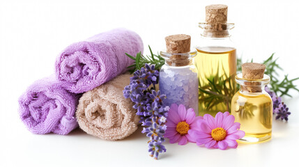 Obraz na płótnie Canvas Rolled towels, essential oils, and lavender create a serene spa setting on a white background.