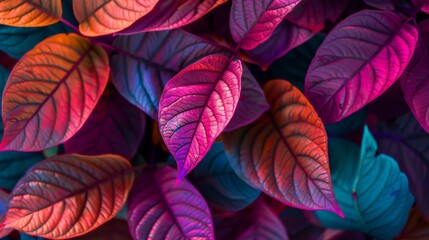 Neon colored leaves close up, texture and vibrant hues create a vibrant backdrop