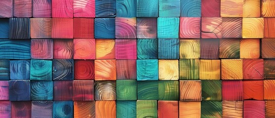 Colorful wooden background with wood blocks in rainbow colors, wooden wall texture. Wood art background with copy space for your text or artwork