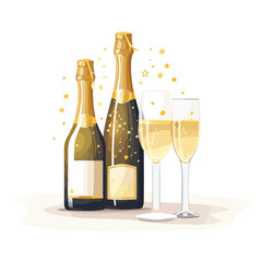 Champagne bottle and glasses set of flat vector ill
