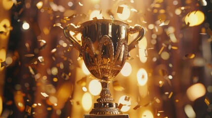 3D rendering of a golden cup surrounded by falling golden confetti - obrazy, fototapety, plakaty
