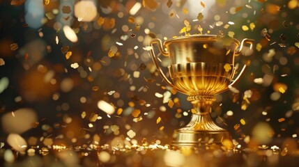 Victory with a 3D rendering of a golden cup surrounded by falling golden confetti