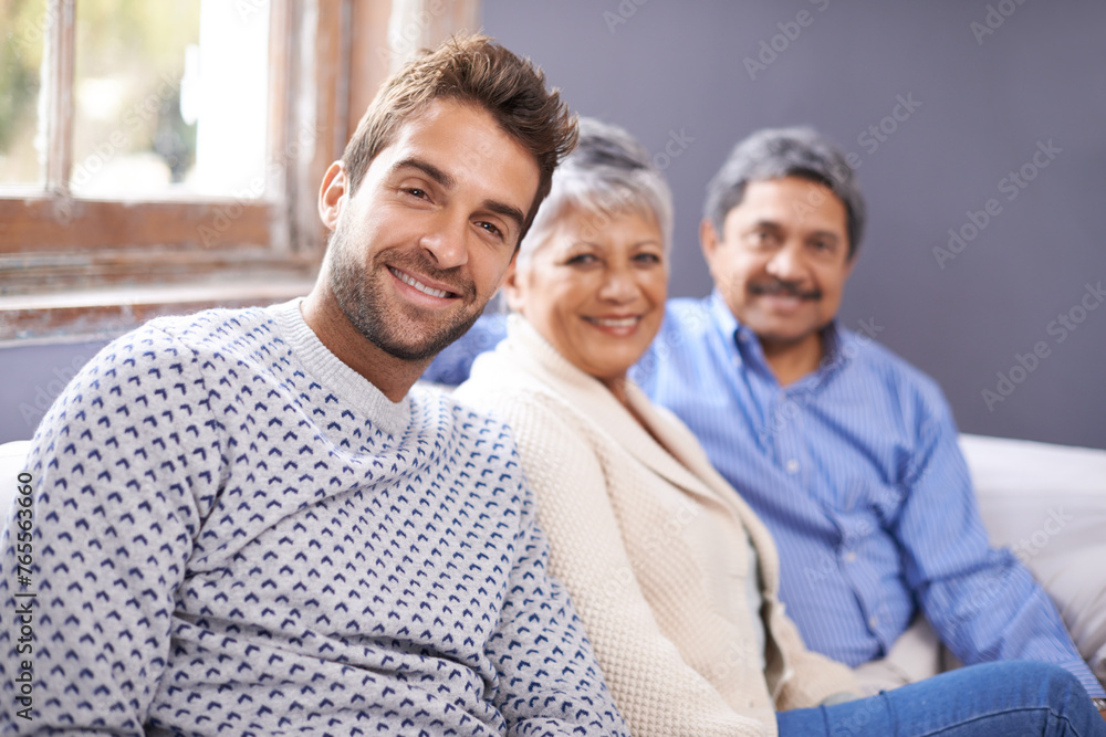 Sticker Adult son, senior parents and portrait with smile and home with happiness and weekend visit. Apartment, old mother and mature father with break and relaxing in a living room with vacation or chilling