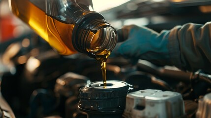 Cans of motor oil, a man pouring oil into his car