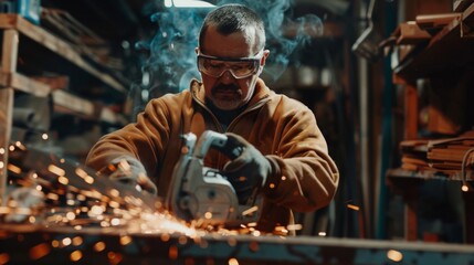 Fototapeta na wymiar A man in safety glasses and gloves cuts a piece of steel in a workshop with a metal saw