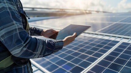 A technician uses a tablet to configure parameters for installing a solar panel on the roof of a factory