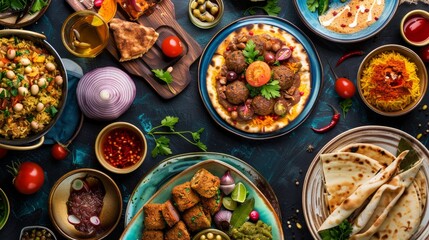 Arabic Cuisine: Middle Eastern traditional lunch. Ramadan "Iftar" . The Meal eaten by Muslims after sunset during Ramadan. Assorted of Egyptian oriental dishes. Top view with space